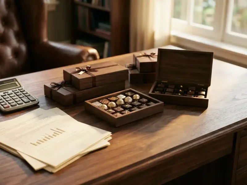 Houten bureau met luxe chocolade geschenkdozen, rekenmachine en zakelijke documenten in warm gouden licht