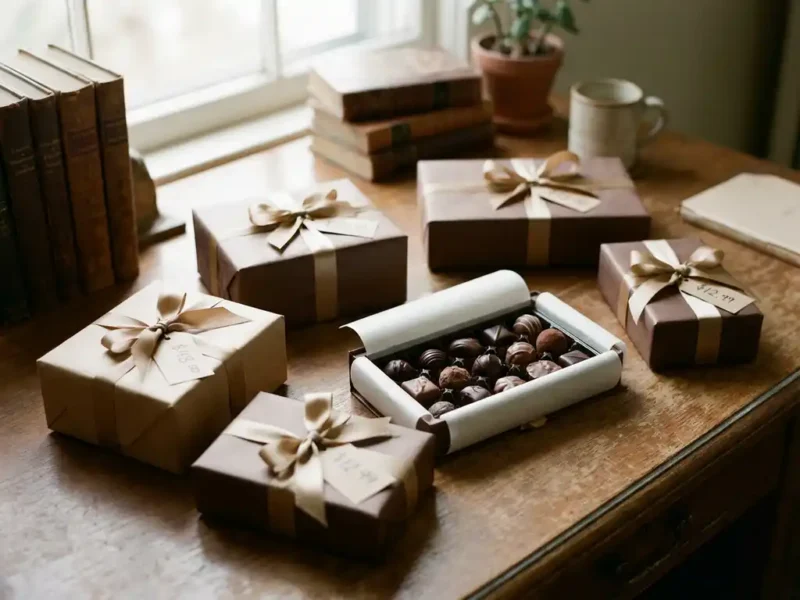 Luxe chocoladecadeaus in elegante dozen op houten bureau met prijskaartjes, één geopend met Belgische chocolaatjes