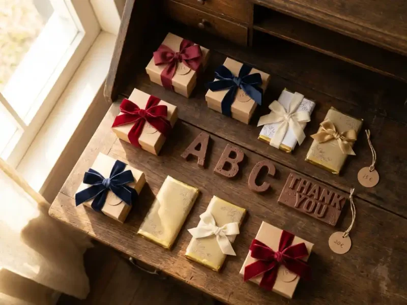 Premium chocoladecadeaus onder 25 euro met gepersonaliseerde letters en luxe verpakkingen op houten bureau, warme natuurlijke belichting