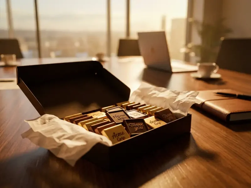 Luxe geschenkdoos met Belgische chocolaatjes op houten vergadertafel in warm kantoorlicht