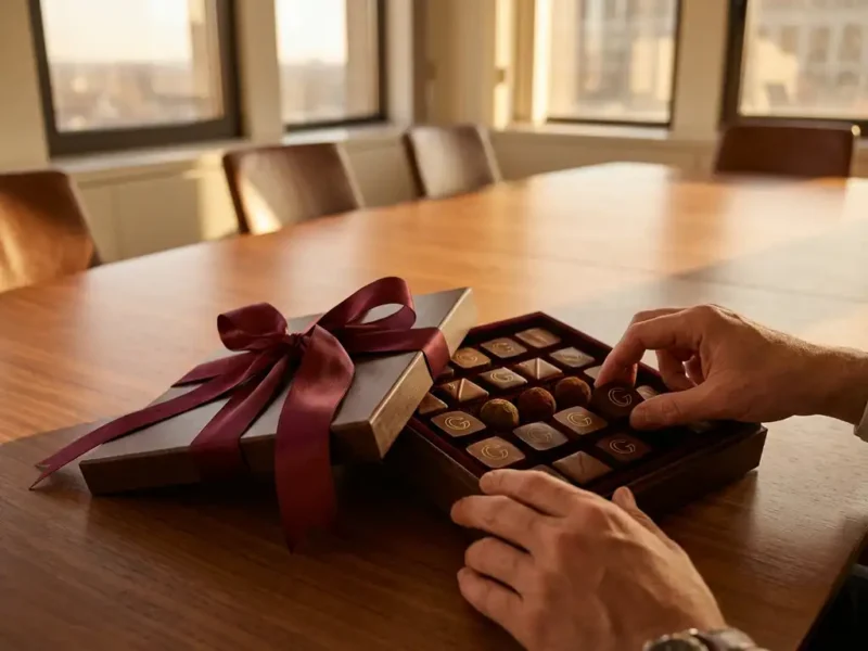 Open geschenkdoos met gepersonaliseerde Belgische chocolaatjes op houten vergadertafel, handen reiken naar de bonbons