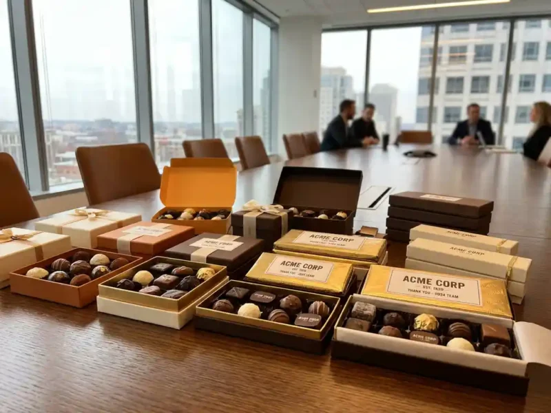 Luxe Belgische chocoladecadeaus met gepersonaliseerde logo's op houten vergadertafel in natuurlijk licht