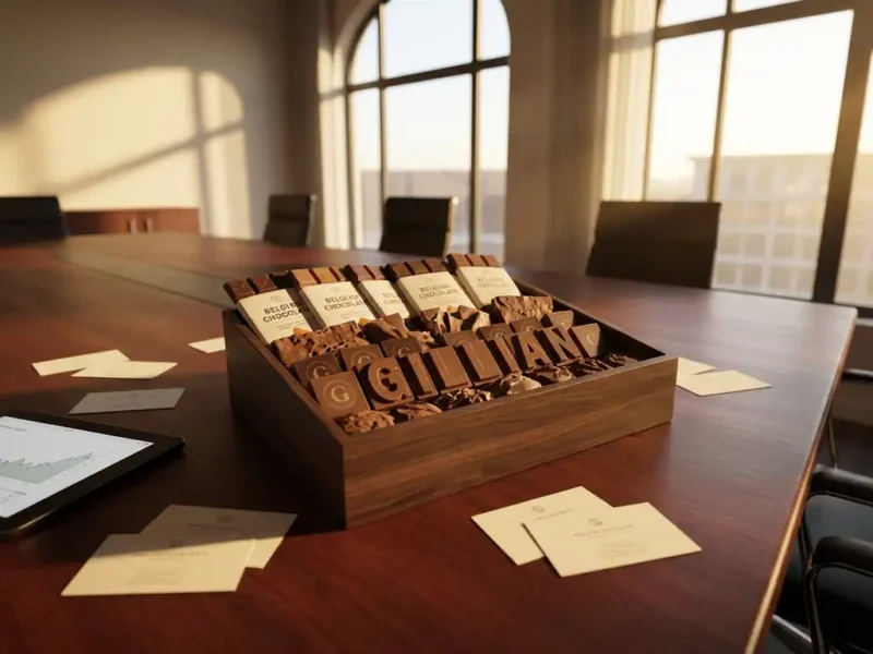 Elegante houten geschenkdoos vol premium Belgische chocoladerepen en gepersonaliseerde chocoladeletters op vergadertafel