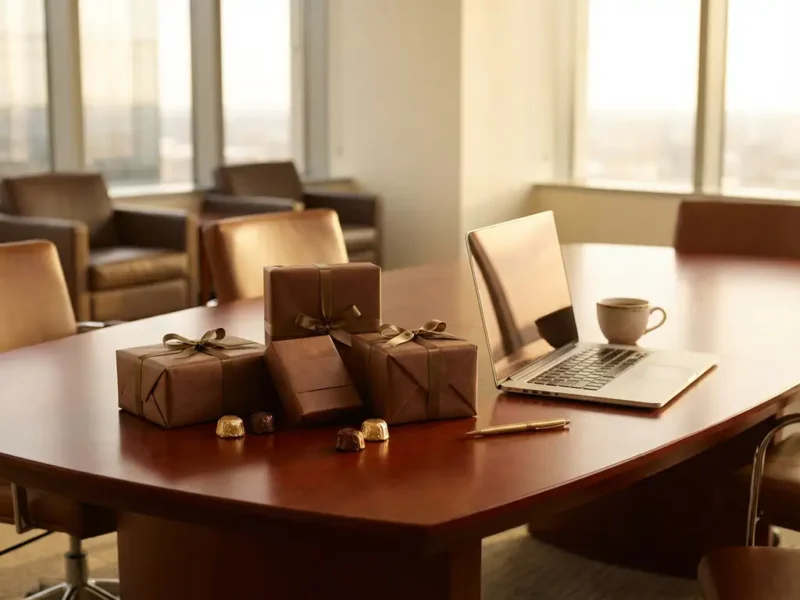 Elegante houten vergadertafel met luxe chocolade geschenkdozen, laptop en koffiekop in warm kantoorlicht