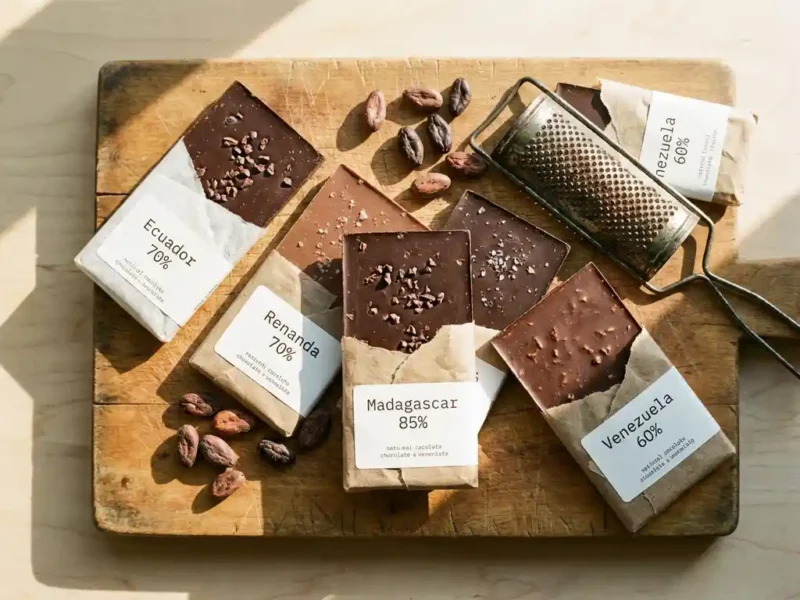 Premium chocoladerepen van verschillende herkomsten op rustieke houten snijplank met cacaobonen en vintage rasp, warme gouden verlichting