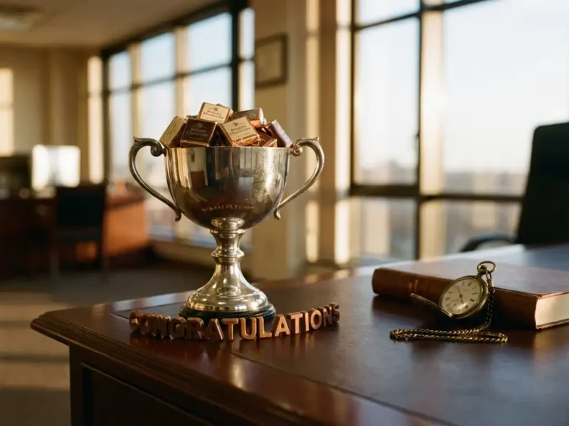 Zilveren trofee gevuld met Belgische chocolaatjes op mahonie bureau met chocoladeletters en vintage zakhorloge