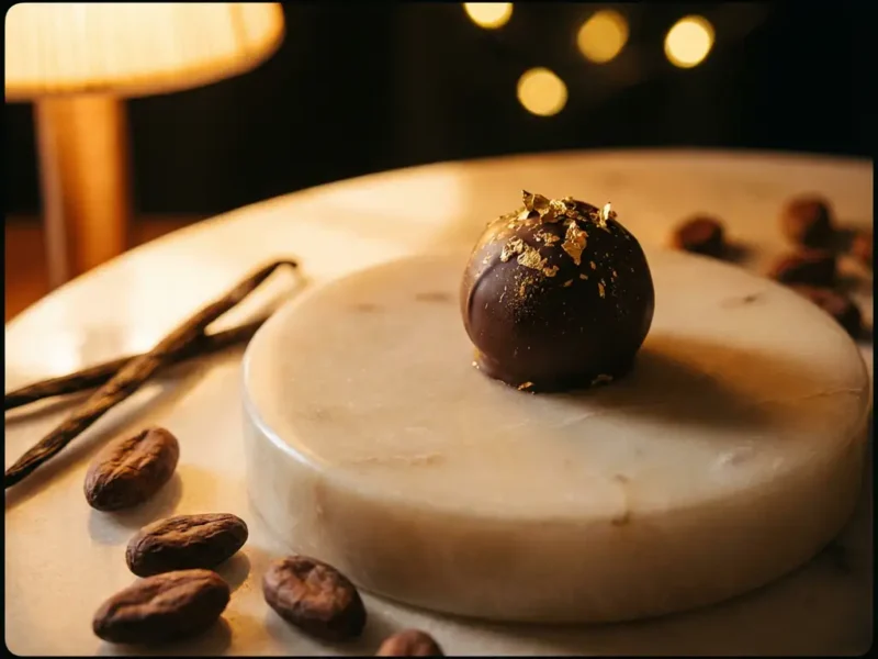 Luxe chocoladetruffel met bladgoud op marmeren voet, omringd door cacaobonen en vanillestokjes in warm licht