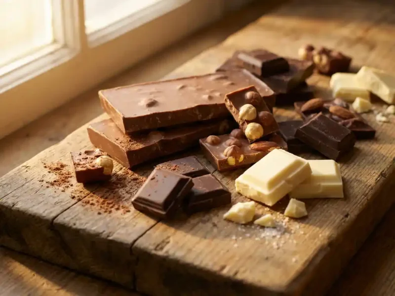 Verschillende chocoladesoorten op rustiek hout: melkchocolade, pure chocolade, witte chocolade en pralines met noten