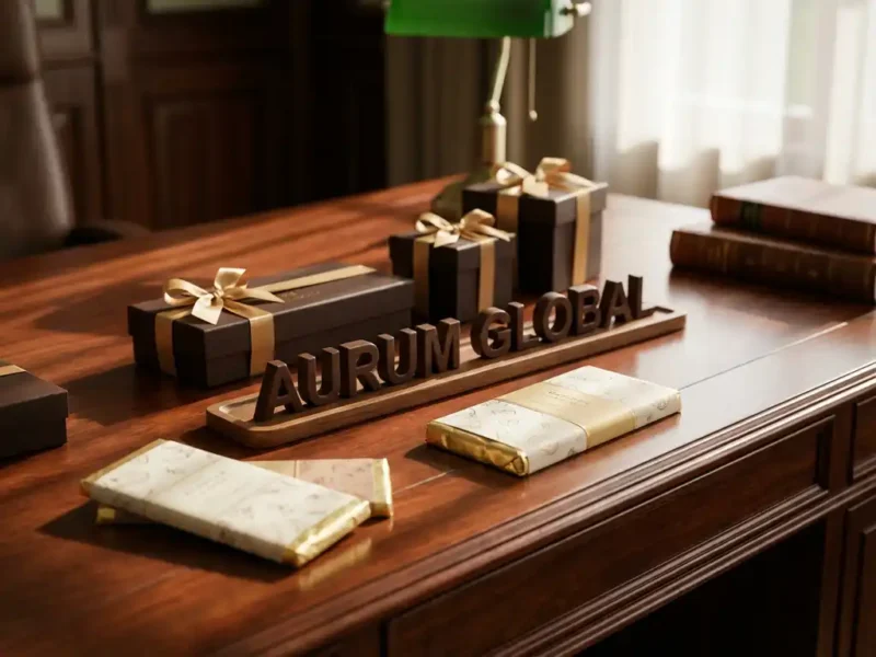 Mahonie bureau met luxe Belgische chocoladecadeaus, gepersonaliseerde chocoladeletters, satijnen linten en artisanale repen