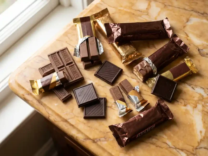 Assortiment Amerikaanse chocoladerepen en Belgische chocolaatjes op marmeren oppervlak met warme verlichting