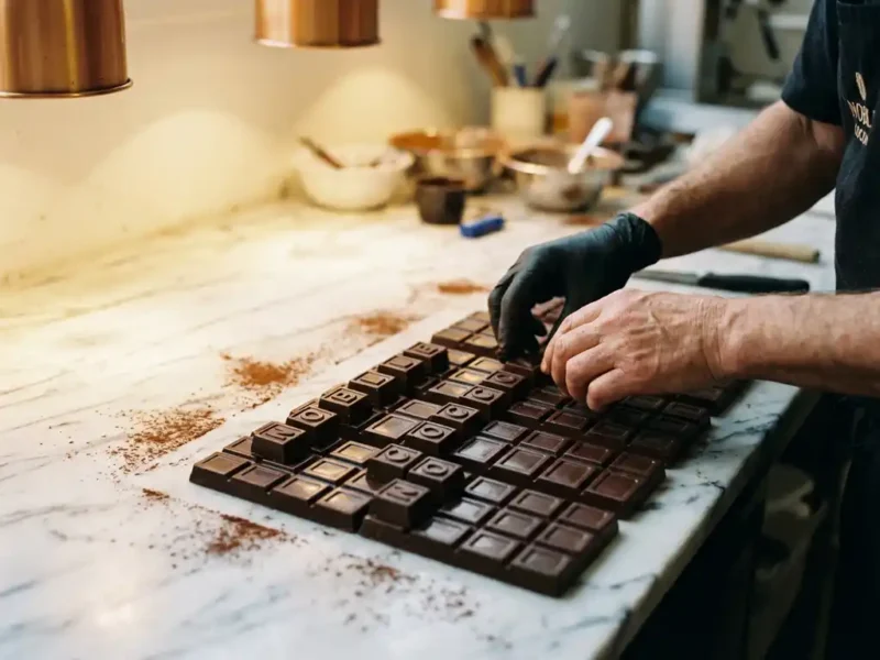 Chocolatier plaatst chocoladeletter blokjes op donkere Belgische chocoladerepen op marmeren werkblad in warme werkplaats