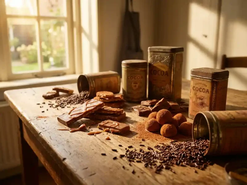 Rustieke houten tafel met traditionele Nederlandse chocoladeproducten: stroopwafel chocoladerepen, oranje-gekruide bonbons en hagelslag rond vintage cacaoblikken in warm gouden licht