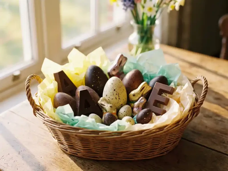Artisanale chocolade paaseitjes en konijntjes in rieten mand met pastelkleurig zijdepapier op rustieke houten tafel