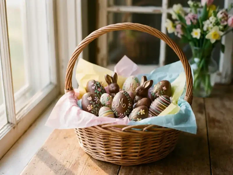 Paasgeschenkenmand vol gepersonaliseerde chocolade-eieren en konijntjes op rustieke houten tafel in warm ochtendlicht