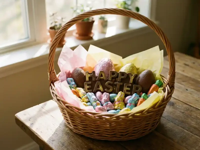 Paasgeschenkmand met Belgische chocolade-eieren en gepersonaliseerde chocoladeletters op rustieke houten tafel