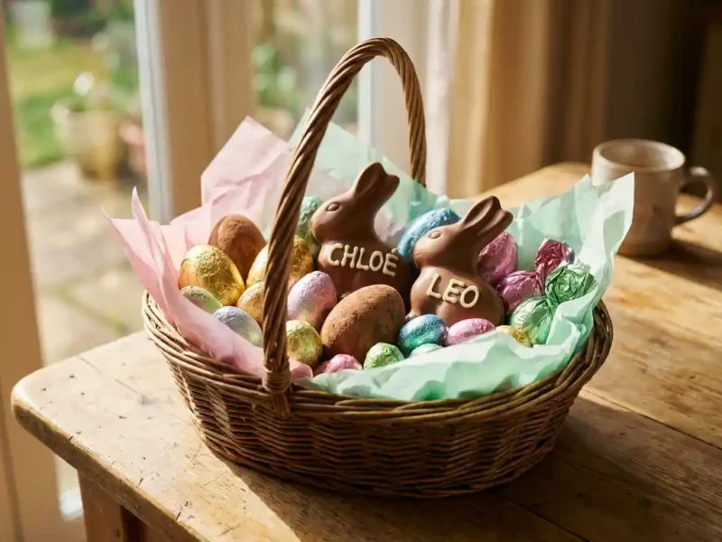 Paasgeschenkenmand vol Belgische chocolade-eieren en gepersonaliseerde chocoladehaasjes op rustieke houten tafel