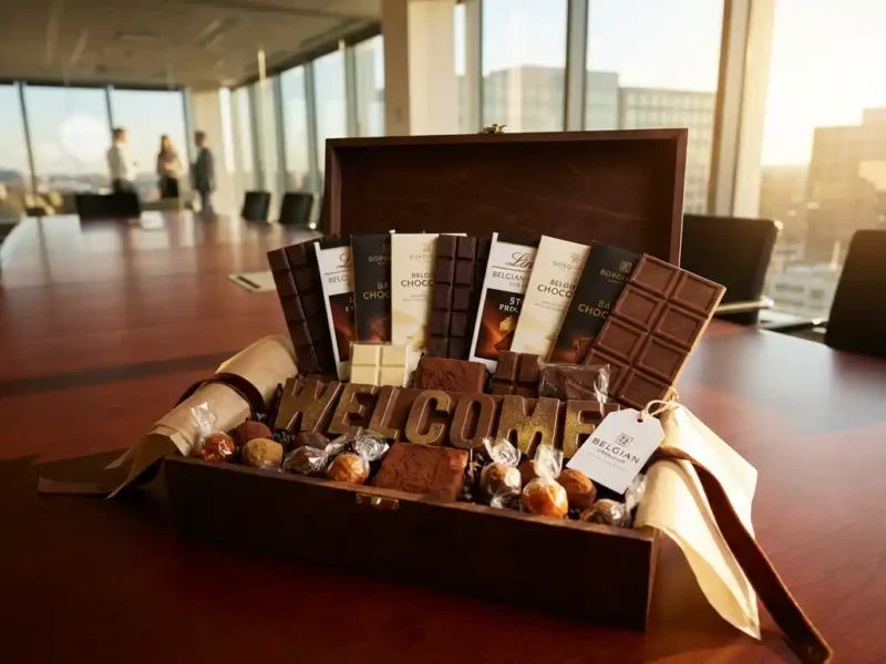 Luxe welkomstgeschenkdoos met Belgische chocoladerepen en gepersonaliseerde chocoladeletters op mahonie vergadertafel in modern kantoor