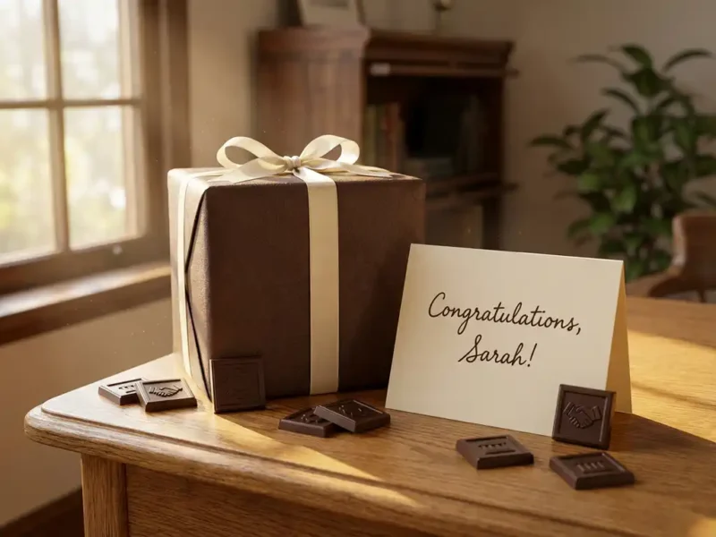 Elegant cadeaudoos met lint op houten bureau naast felicitatiekaart en chocolaatjes met bedrijfssymbolen in warm licht