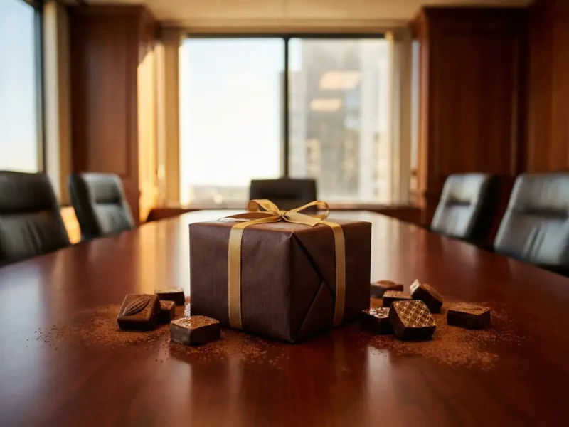 Luxuriöse Geschenkbox mit Schleife auf einem hölzernen Konferenztisch, umgeben von erlesenen belgischen Pralinen im warmen goldenen Licht