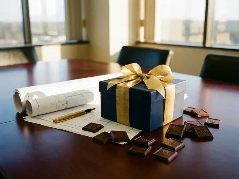 Luxuriöse Geschenkbox mit Schleife, darin Architekturzeichnungen und ein goldener Stift, umgeben von belgischen Pralinen mit Firmenlogos auf einem polierten Konferenztisch