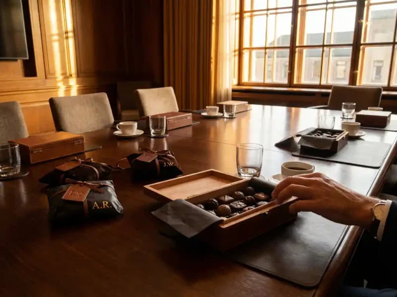Elegante houten vergadertafel met gepersonaliseerde premium chocoladecadeaus, open doos toont Belgische bonbons, warme middagzon door hoge ramen