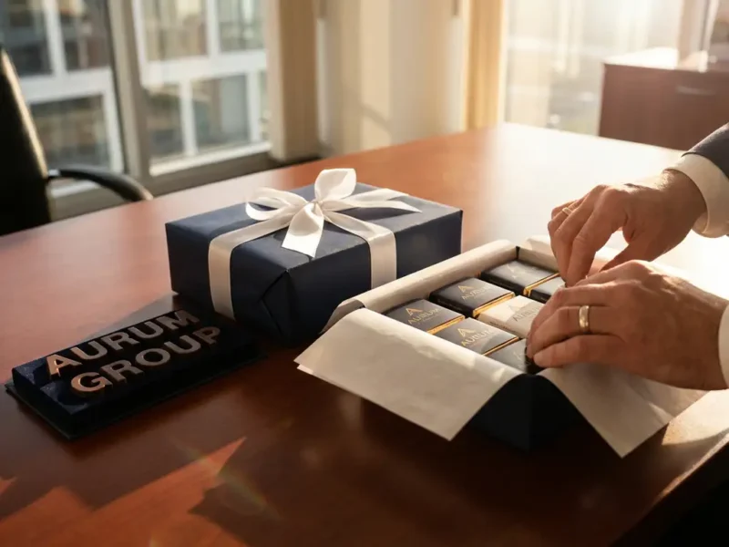 Elegante Geschenkbox mit Schleife auf einem Mahagoni-Schreibtisch neben personalisierten Schokoladenbuchstaben und Premium-Schokoladentafeln