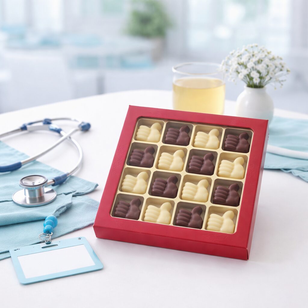 Chocolade thumbs up 16 stuks in rode geschenkdoos met venster, melk- en witte chocolade (32g)