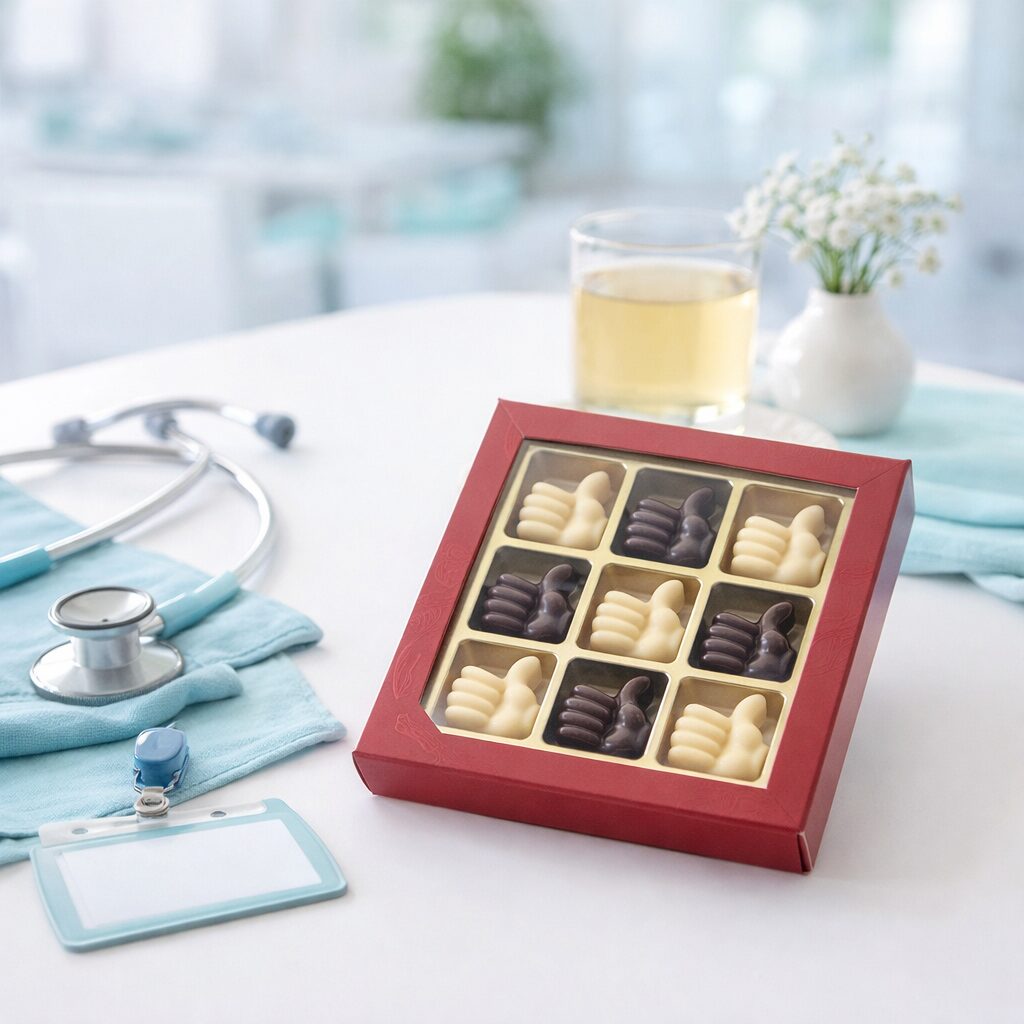 Chocolade thumbs up 9 stuks in rode geschenkdoos met venster, melk- en witte chocolade (32g)