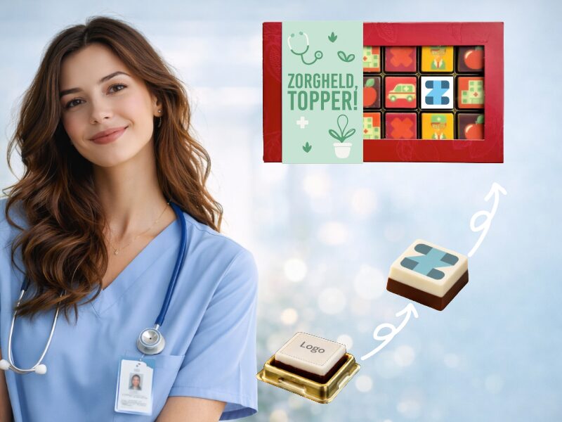 Dag van de zorg chocolade logo blokjes in luxe geschenkdoos