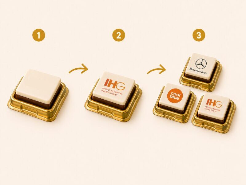Chocolade logobokjes bedrukken met je merk. BrandingBitez