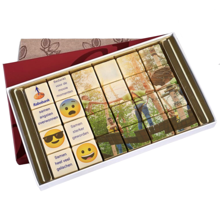 Chocolade logoblokjes als wenskaart. Branding Bitez Tasty Present