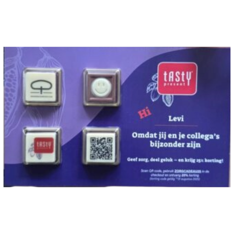 Chocolade logoblokjes in een promotiekaart. Branding Bitez Tasty Present
