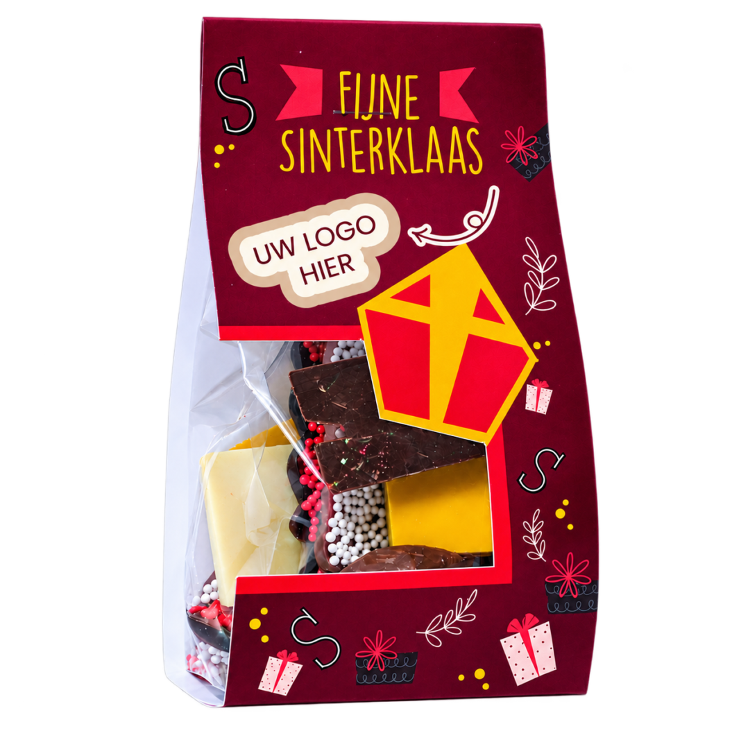 Blokzakje met logo kopkaartje gevuld met circa 100 gram assorti kerstchocolade, waaronder kerstmannen, kerstboompjes en hulstblaadjes. Ideaal als kerstattentie of relatiegeschenk. Tasty Present - gepersonaliseerde chocolade en snoep