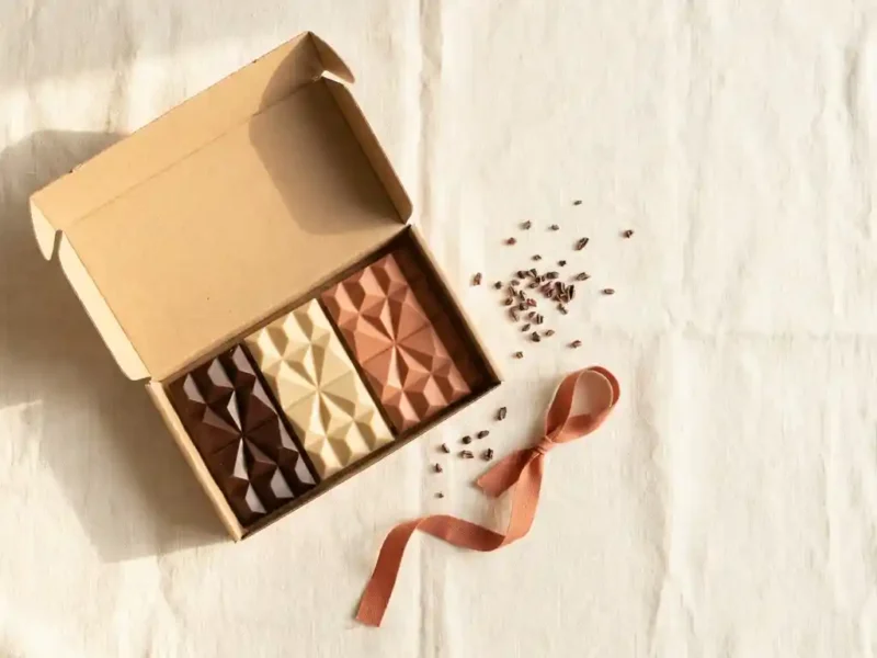 Ambachtelijke chocoladecadeaudoos met op maat gegoten repen, cacaonibs en lint op linnen ondergrond.