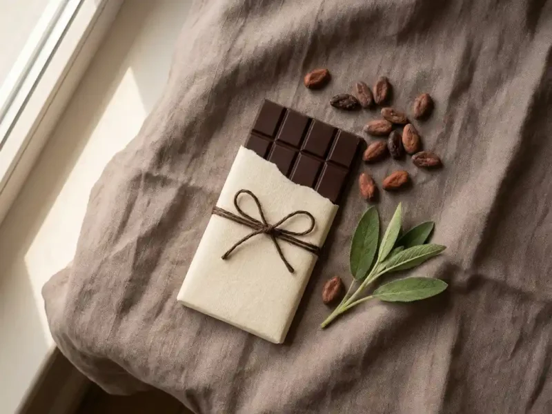 Eine handwerklich hergestellte Tafel aus reiner Schokolade, die teilweise auf Leinen ausgepackt ist, umgeben von rohen Kakaobohnen und einem grünen Zweig.
