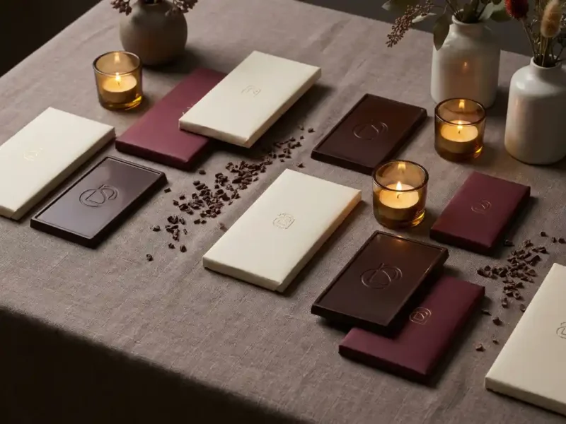 Gepersonaliseerde chocoladerepen met bedrijfslogo's op linnen tafelkleed bij een zakelijk evenement, omgeven door cacaonibs en kaarslicht.