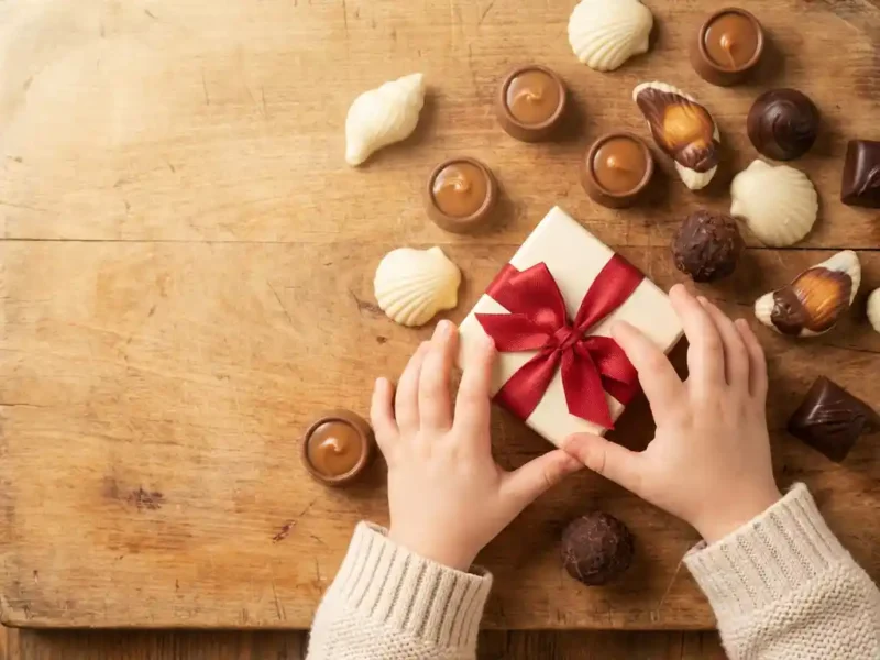 Kinderhanden reiken naar een met lint gebonden doos Belgische bonbons op een houten ondergrond, bovenaanzicht.