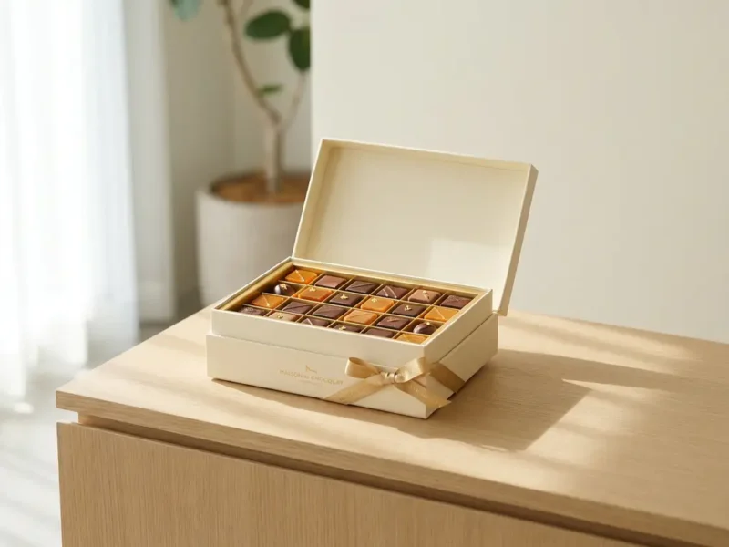 Open geschenkdoos met Belgische bonbons op een receptiebalie, warm goudbruin chocolade arrangement met sierlijk lint in zacht natuurlijk licht.