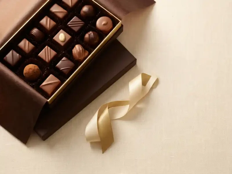 Open geschenkdoos met Belgische premium chocolade op ivoren linnen, met pure en melkchocoladestukken in warm zijlicht.