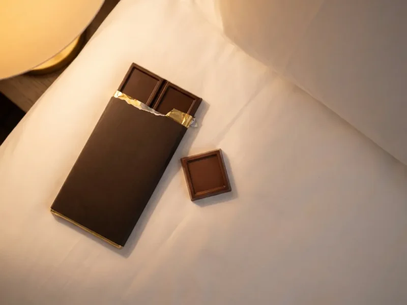 Luxe Belgische chocoladereep op wit hotellinnen, zacht verlicht door een amber nachtkastlamp.