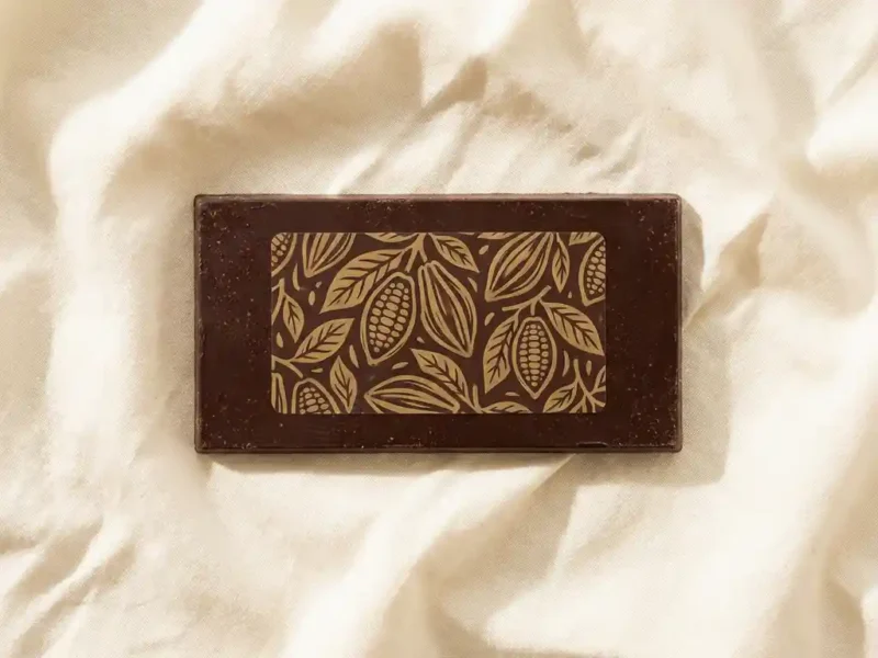 Belgische chocoladereep met gepersonaliseerde eetbare print op crèmekleurig linnen, gefotografeerd van bovenaf in zacht natuurlijk licht.
