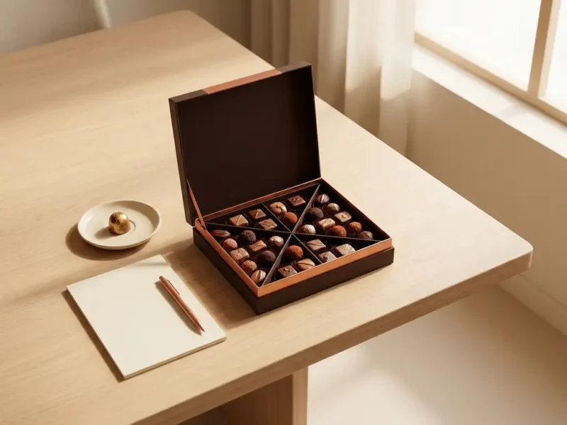 Open doos premium Belgische bonbons op vergadertafel met één bonbon naast minimalistisch notitieboekje, warme bruine tinten.
