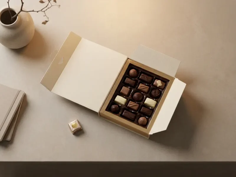 Eine offene Schachtel mit belgischen Premium-Pralinen auf einem minimalistisch gestalteten Empfangstresen, daneben eine einzelne Praline, warme Stimmungsbeleuchtung.