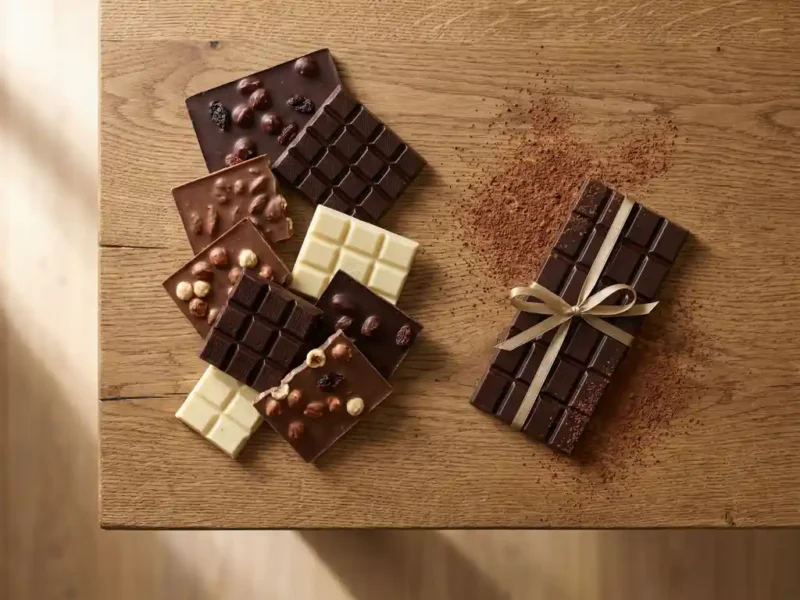 Belgische chocoladestukjes op eiken ondergrond met uitgepakte reep, goudkleurig lint en strooisel cacaopoeder in bovenaanzicht.
