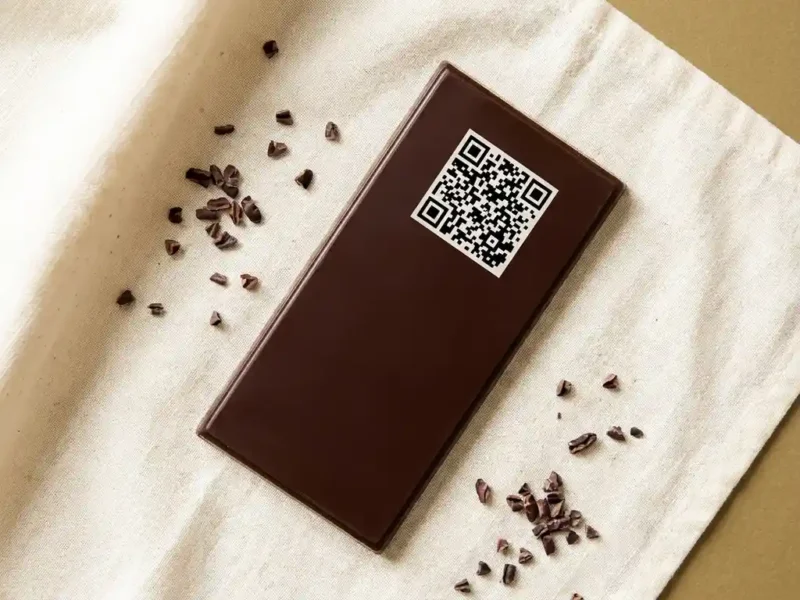 Belgische chocoladereep met QR-code op glanzend oppervlak, liggend op crèmekleurig linnen met verspreide cacaonibs.