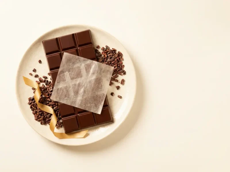 Belgische pure chocoladereep met eetbaar rijstpapier, cacaonibs en gouden lint op lichte achtergrond, bovenaanzicht.