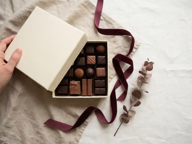 Geopende luxe geschenkdoos met premium pure en melkchocolade op linnen ondergrond, versierd met lint en gedroogde botanicals.