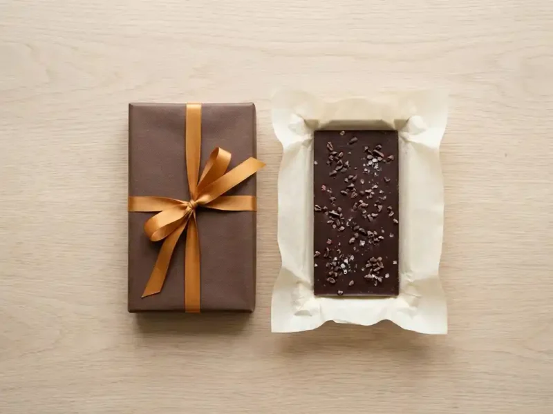 Schokoladen-Geschenkverpackung mit Schleife auf Holzunterlage neben einer Premium-Schokoladentafel in Seidenpapier, Draufsicht.