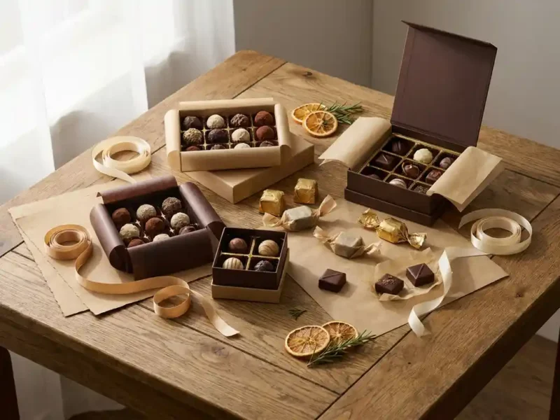 Elegante chocolade geschenkdozen en individueel verpakte bonbons op een eiken ondergrond met lint en kraftpapier accenten.