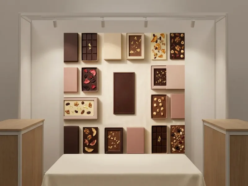 Elegante chocoladecadeaus op ivoren linnen met een uitgepakt chocoladereep als middelpunt, warme bruine en crèmetinten, bovenaanzicht.